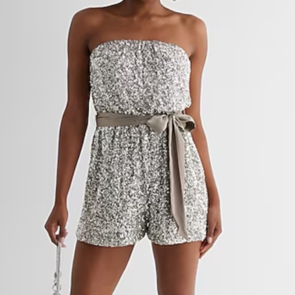 EXPRESS Sequin Strapless Tie Waist Romper - Silver - Picture 1 of 11